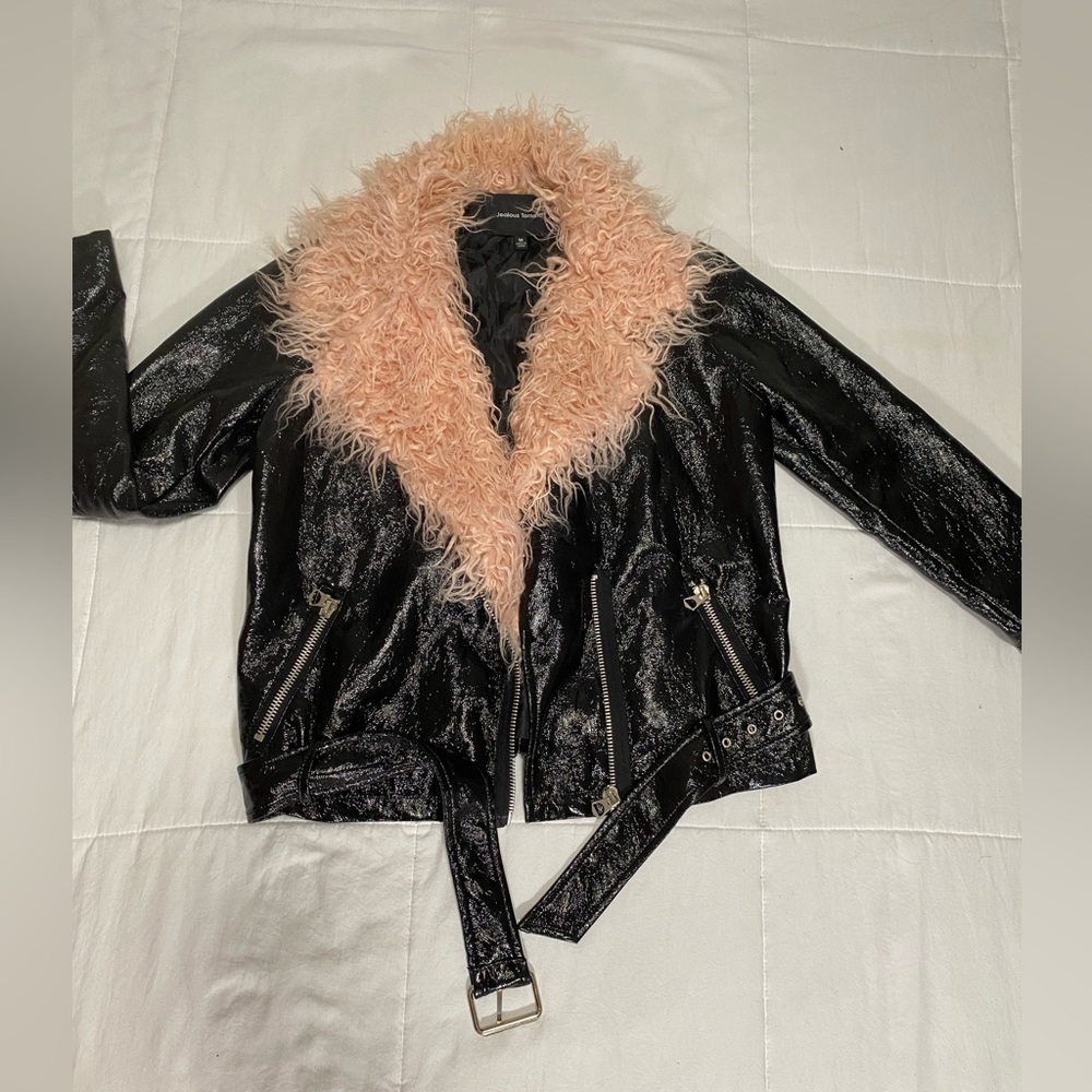 Black moto jacket with pink fur, size medium